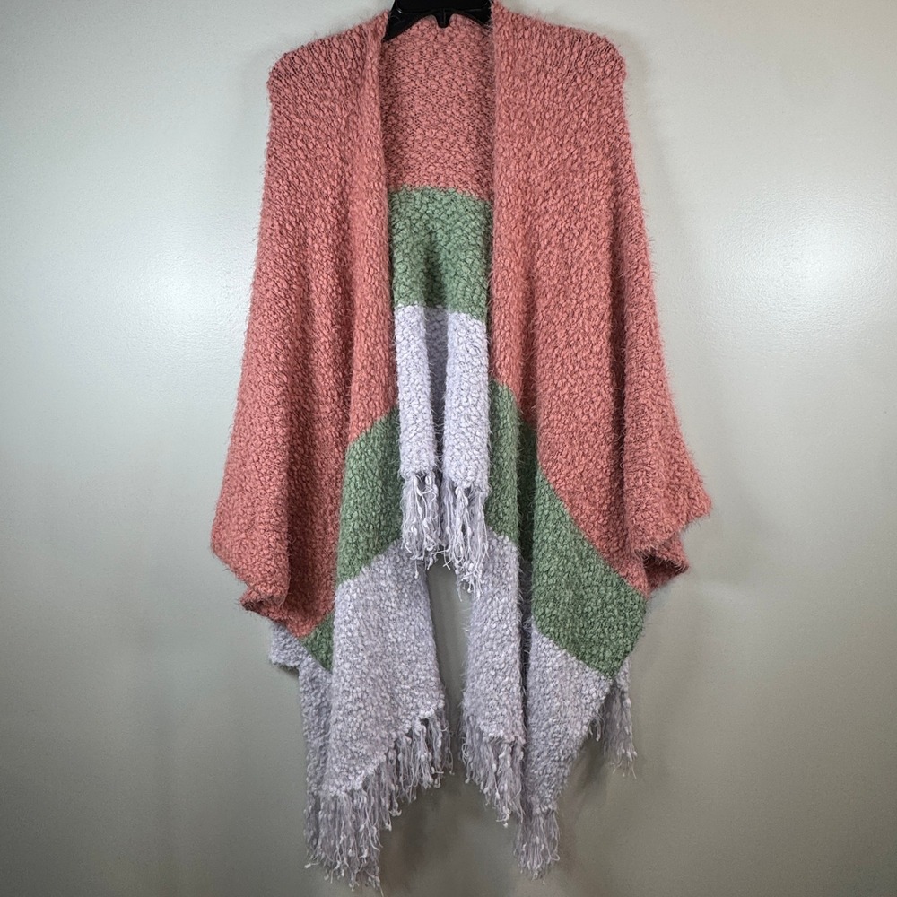 Matilda Jane Popcorn Knit Poncho Wrap Colorblock Fringe Shawl Vest Boho Layering